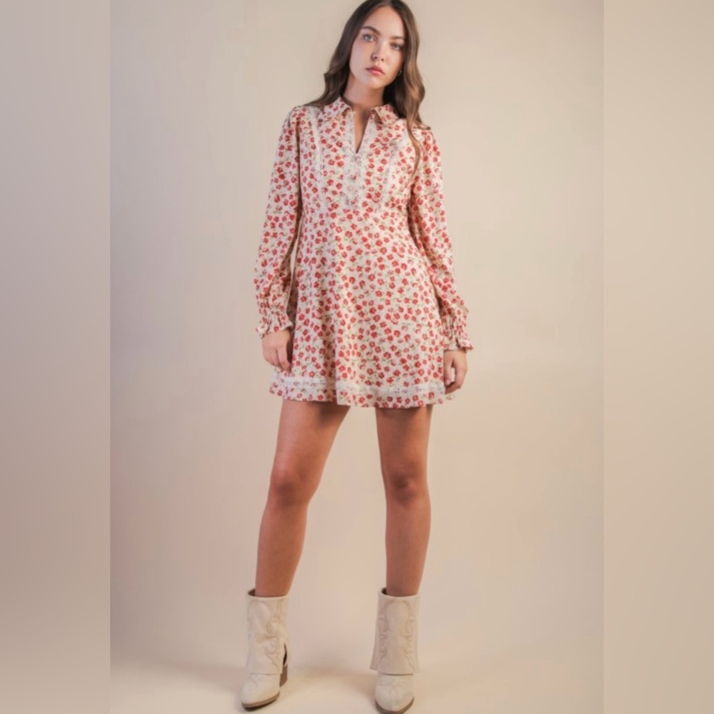 Floral Lace-Trim Long Sleeve Mini Dress - Red Floral